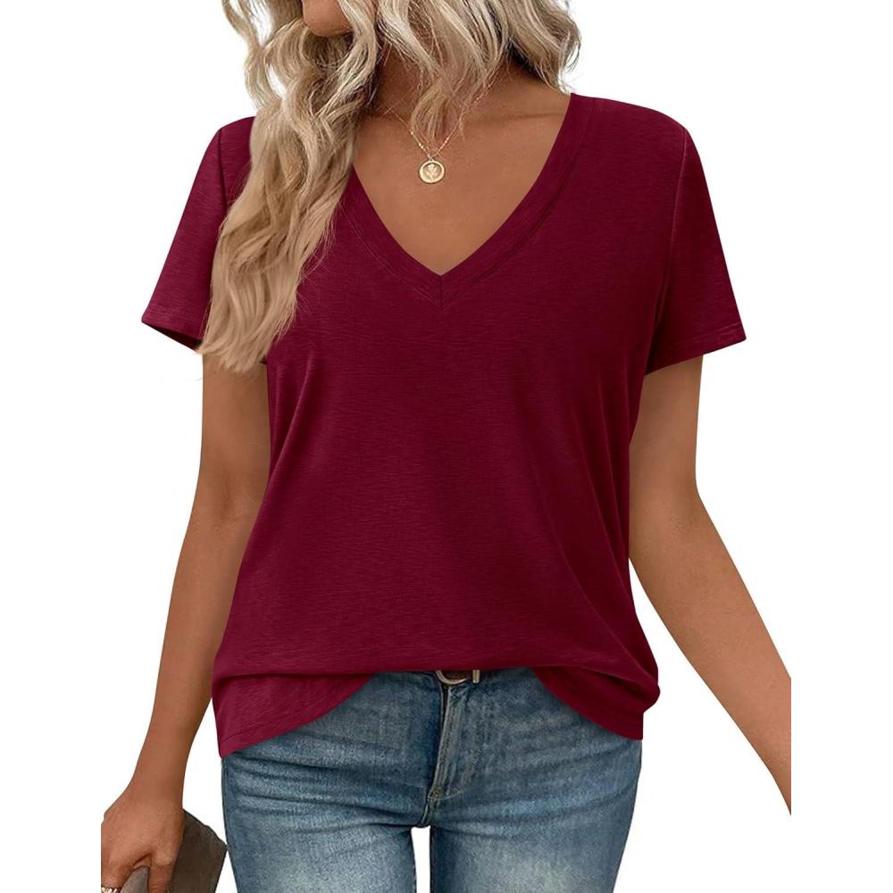imagePRETTYGARDEN Womens Tops Short Sleeve Oversized Tshirts Shirts 2026 Summer Casual V Neck Loose Basic Tees Spring Tunic BlouseBurgundy