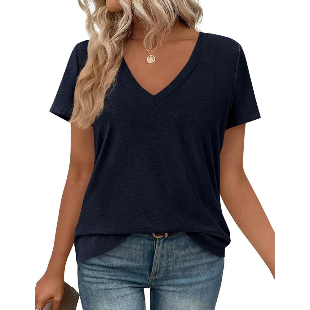 imagePRETTYGARDEN Womens Tops Short Sleeve Oversized Tshirts Shirts 2026 Summer Casual V Neck Loose Basic Tees Spring Tunic BlouseDark Blue
