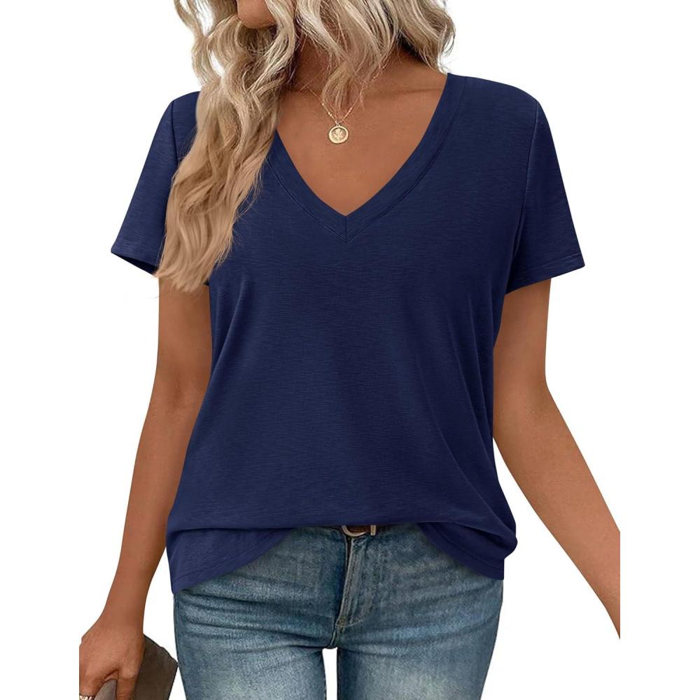 imagePRETTYGARDEN Womens Tops Short Sleeve Oversized Tshirts Shirts 2026 Summer Casual V Neck Loose Basic Tees Spring Tunic BlouseNavy Blue