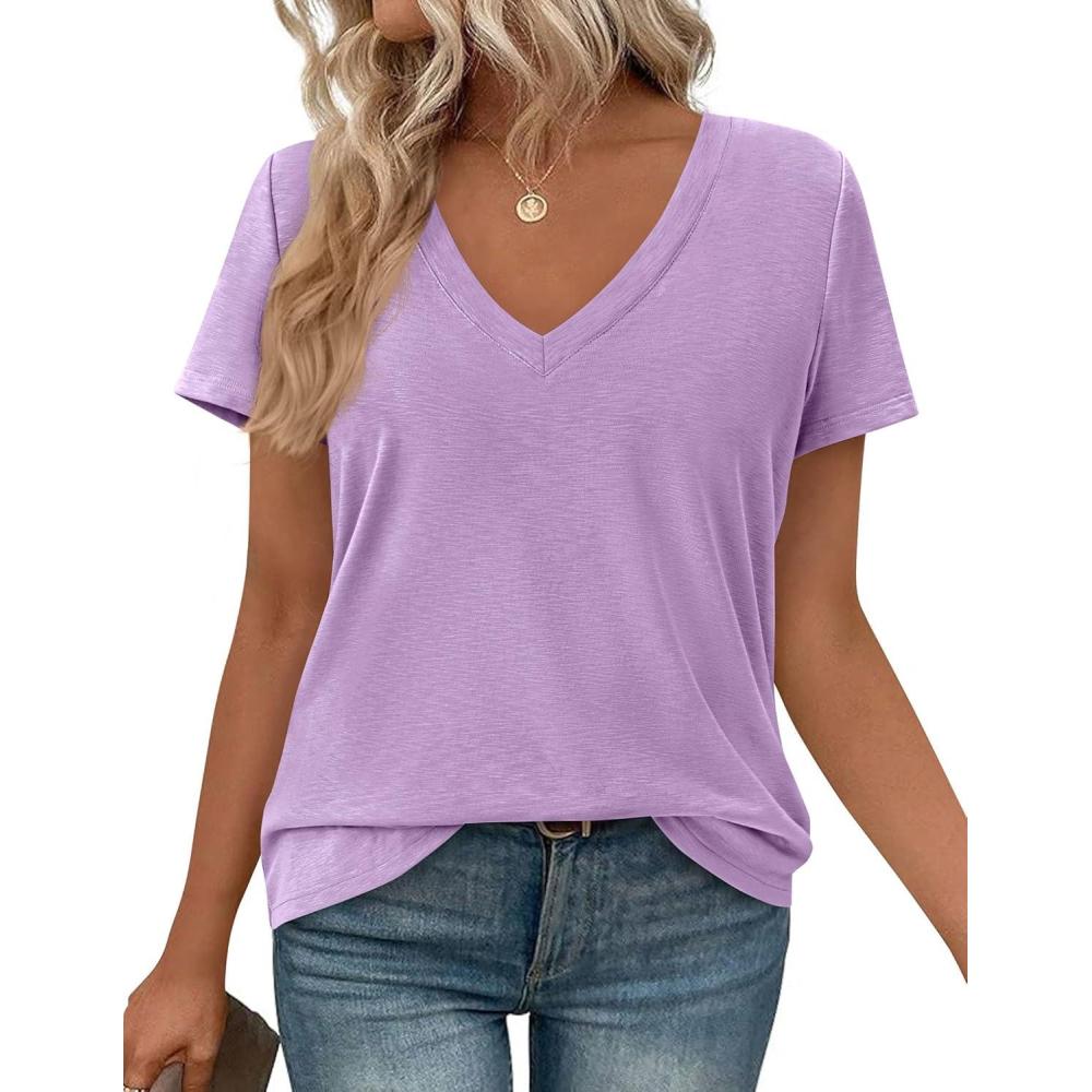 imagePRETTYGARDEN Womens Tops Short Sleeve Oversized Tshirts Shirts 2026 Summer Casual V Neck Loose Basic Tees Spring Tunic BlousePurple