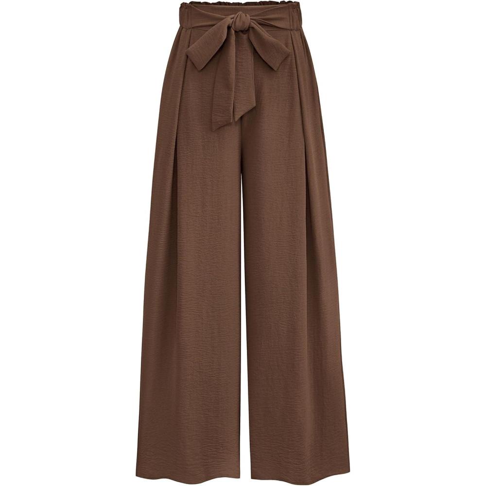 imagePRETTYGARDEN Womens Wide Leg Work Pants Business Casual High Waisted Loose Palazzo Trouser Summer ClothesBrown