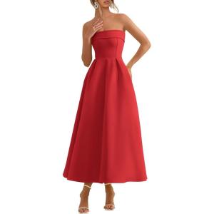 PRETTYGARDEN Cocktail Dresses for Women 2026 Summer Formal Elegant Tube Top Strapless Spring Wedding Guest Party Midi Dress(Red)