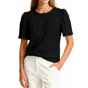 PRETTYGARDEN Embroidered Eyelet Tops for Women Summer Blouses Dressy Casual 2026 Spring Work Teacher Puff Short Sleeve Shirts(Black)