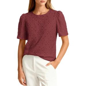 PRETTYGARDEN Embroidered Eyelet Tops for Women Summer Blouses Dressy Casual 2026 Spring Work Teacher Puff Short Sleeve Shirts(Brown Red)