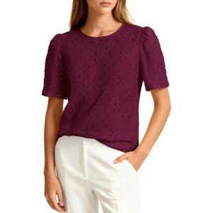 PRETTYGARDEN Embroidered Eyelet Tops for Women Summer Blouses Dressy Casual 2026 Spring Work Teacher Puff Short Sleeve Shirts(Burgundy)