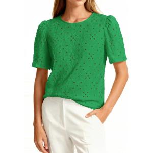 PRETTYGARDEN Embroidered Eyelet Tops for Women Summer Blouses Dressy Casual 2026 Spring Work Teacher Puff Short Sleeve Shirts(Green)