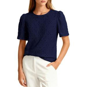 PRETTYGARDEN Embroidered Eyelet Tops for Women Summer Blouses Dressy Casual 2026 Spring Work Teacher Puff Short Sleeve Shirts(Navy Blue)
