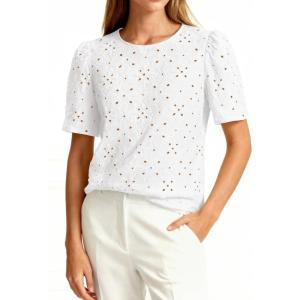 PRETTYGARDEN Embroidered Eyelet Tops for Women Summer Blouses Dressy Casual 2026 Spring Work Teacher Puff Short Sleeve Shirts(White)