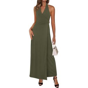 PRETTYGARDEN Halter Dresses for Women 2026 Elegant Classy Spring V Neck Tie Backless Summer Wedding Guest Cocktail Midi Dress(Army Green)