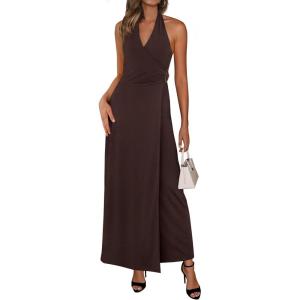 PRETTYGARDEN Halter Dresses for Women 2026 Elegant Classy Spring V Neck Tie Backless Summer Wedding Guest Cocktail Midi Dress(Brown)