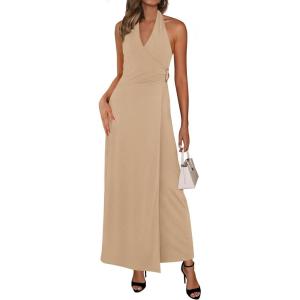 PRETTYGARDEN Halter Dresses for Women 2026 Elegant Classy Spring V Neck Tie Backless Summer Wedding Guest Cocktail Midi Dress(Khaki)