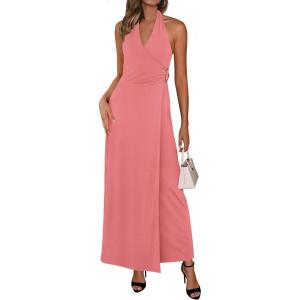 PRETTYGARDEN Halter Dresses for Women 2026 Elegant Classy Spring V Neck Tie Backless Summer Wedding Guest Cocktail Midi Dress(Pink)