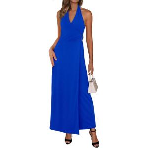 PRETTYGARDEN Halter Dresses for Women 2026 Elegant Classy Spring V Neck Tie Backless Summer Wedding Guest Cocktail Midi Dress(Royal Blue)