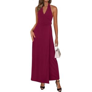 PRETTYGARDEN Halter Dresses for Women 2026 Elegant Classy Spring V Neck Tie Backless Summer Wedding Guest Cocktail Midi Dress(Wine Red)