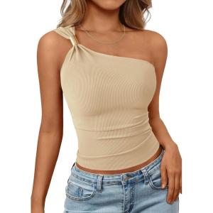 PRETTYGARDEN One Shoulder Going Out Tops for Women Trendy 2026 Summer Y2K Clothes Sleeveless Fitted Spring Fashion Shirts(Apricot)