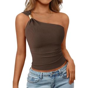 PRETTYGARDEN One Shoulder Going Out Tops for Women Trendy 2026 Summer Y2K Clothes Sleeveless Fitted Spring Fashion Shirts(Brown)
