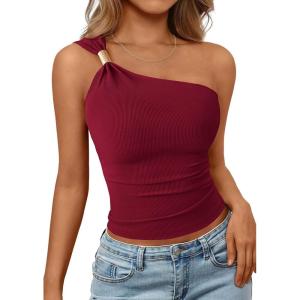 PRETTYGARDEN One Shoulder Going Out Tops for Women Trendy 2026 Summer Y2K Clothes Sleeveless Fitted Spring Fashion Shirts(Burgundy)