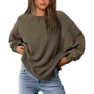 PRETTYGARDEN Oversized Sweatshirt for Women 2025 Fashion Crewneck Long Sleeve Pullover Waffle Knit Tops Fall Trendy Clothes(Army Green)