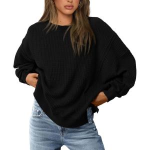PRETTYGARDEN Oversized Sweatshirt for Women 2025 Fashion Crewneck Long Sleeve Pullover Waffle Knit Tops Fall Trendy Clothes(Black)
