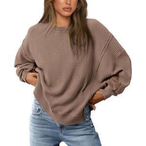 PRETTYGARDEN Oversized Sweatshirt for Women 2025 Fashion Crewneck Long Sleeve Pullover Waffle Knit Tops Fall Trendy Clothes(Brown)