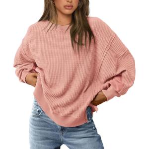 PRETTYGARDEN Oversized Sweatshirt for Women 2025 Fashion Crewneck Long Sleeve Pullover Waffle Knit Tops Fall Trendy Clothes(Coral Pink)