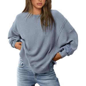 PRETTYGARDEN Oversized Sweatshirt for Women 2025 Fashion Crewneck Long Sleeve Pullover Waffle Knit Tops Fall Trendy Clothes(Grey Blue)