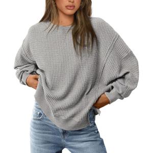 PRETTYGARDEN Oversized Sweatshirt for Women 2025 Fashion Crewneck Long Sleeve Pullover Waffle Knit Tops Fall Trendy Clothes(Light Grey)
