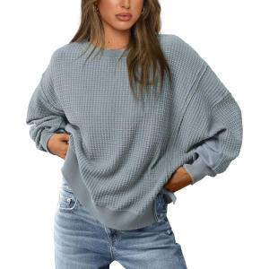 PRETTYGARDEN Oversized Sweatshirt for Women 2025 Fashion Crewneck Long Sleeve Pullover Waffle Knit Tops Fall Trendy Clothes(Light Grey Blue)