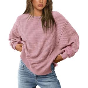 PRETTYGARDEN Oversized Sweatshirt for Women 2025 Fashion Crewneck Long Sleeve Pullover Waffle Knit Tops Fall Trendy Clothes(Pink)