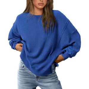 PRETTYGARDEN Oversized Sweatshirt for Women 2025 Fashion Crewneck Long Sleeve Pullover Waffle Knit Tops Fall Trendy Clothes(Royal Blue)