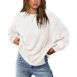 PRETTYGARDEN Oversized Sweatshirt for Women 2025 Fashion Crewneck Long Sleeve Pullover Waffle Knit Tops Fall Trendy Clothes(White)