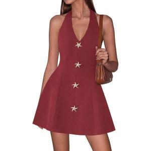 PRETTYGARDEN Summer Cocktail Dresses for Women Short 2026 Spring Halter V Neck Beach Party Backless A Line Mini Dress(Burgundy)