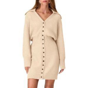 PRETTYGARDEN Sweater Dresses for Women 2026 Trendy Long Sleeve Button Down Short Mini Fall Winter Dress(Beige)