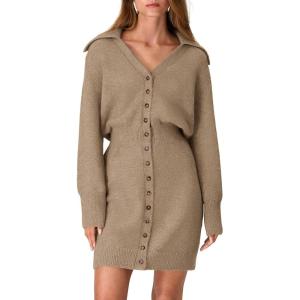 PRETTYGARDEN Sweater Dresses for Women 2026 Trendy Long Sleeve Button Down Short Mini Fall Winter Dress(Camel)