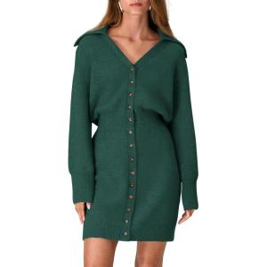 PRETTYGARDEN Sweater Dresses for Women 2026 Trendy Long Sleeve Button Down Short Mini Fall Winter Dress(Dark Green)
