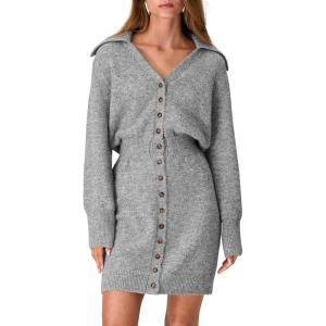 PRETTYGARDEN Sweater Dresses for Women 2026 Trendy Long Sleeve Button Down Short Mini Fall Winter Dress(Grey)