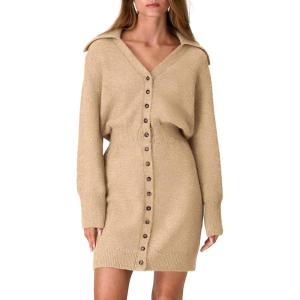 PRETTYGARDEN Sweater Dresses for Women 2026 Trendy Long Sleeve Button Down Short Mini Fall Winter Dress(Khaki)