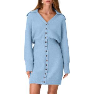 PRETTYGARDEN Sweater Dresses for Women 2026 Trendy Long Sleeve Button Down Short Mini Fall Winter Dress(Light Blue)