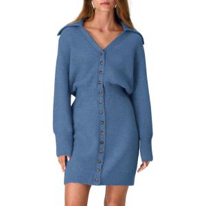 PRETTYGARDEN Sweater Dresses for Women 2026 Trendy Long Sleeve Button Down Short Mini Fall Winter Dress(Mist Blue)