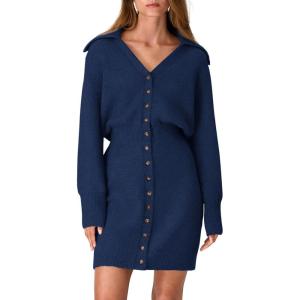 PRETTYGARDEN Sweater Dresses for Women 2026 Trendy Long Sleeve Button Down Short Mini Fall Winter Dress(Navy)
