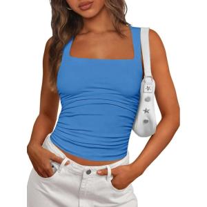 PRETTYGARDEN Tank Tops for Women 2026 Summer Sleeveless Square Neck Double Lined Tops Spring Ruched Going Out Y2K Clothes(Blue)