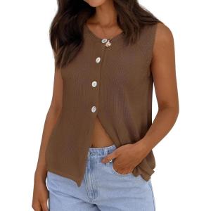 PRETTYGARDEN Vest Tops for Women 2026 Summer Sleeveless Sweater Tops Spring Trendy Knit Vests Cute Button Up Cardigan(Brown)