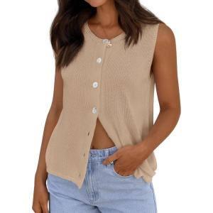 PRETTYGARDEN Vest Tops for Women 2026 Summer Sleeveless Sweater Tops Spring Trendy Knit Vests Cute Button Up Cardigan(Khaki)