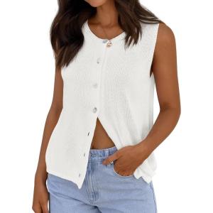 PRETTYGARDEN Vest Tops for Women 2026 Summer Sleeveless Sweater Tops Spring Trendy Knit Vests Cute Button Up Cardigan(White)