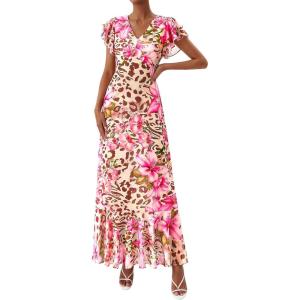 PRETTYGARDEN Wedding Guest Dresses for Women 2026 Spring Summer Short Sleeve Ruffle V Neck Floral Flowy Beach Maxi Long Dress(Floral Apricot Pink)
