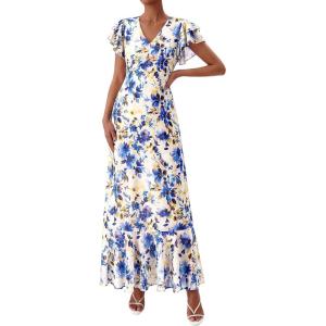 PRETTYGARDEN Wedding Guest Dresses for Women 2026 Spring Summer Short Sleeve Ruffle V Neck Floral Flowy Beach Maxi Long Dress(Floral Beige Blue)