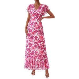 PRETTYGARDEN Wedding Guest Dresses for Women 2026 Spring Summer Short Sleeve Ruffle V Neck Floral Flowy Beach Maxi Long Dress(Rose Red Floral)