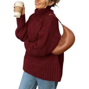 PRETTYGARDEN Women’s 2025 Fall Oversized Sweaters Turtleneck Casual Long Sleeve Chunky Knit Pullover Tops Winter Clothes(Dark Wine Red)