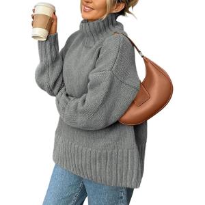 PRETTYGARDEN Women’s 2025 Fall Oversized Sweaters Turtleneck Casual Long Sleeve Chunky Knit Pullover Tops Winter Clothes(Grey)