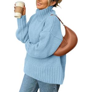 PRETTYGARDEN Women’s 2025 Fall Oversized Sweaters Turtleneck Casual Long Sleeve Chunky Knit Pullover Tops Winter Clothes(Light Blue)